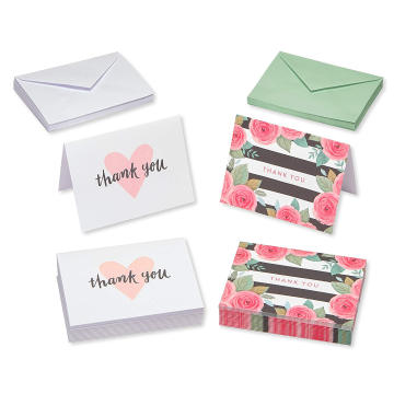 Greetings Pink Black and White Floral and Hearts Thank You Cards and White Envelopes Invitation Card Wedding